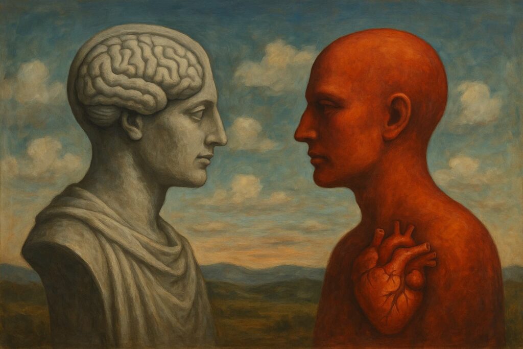 Arte visual realista surrealista sobre emoção e razão