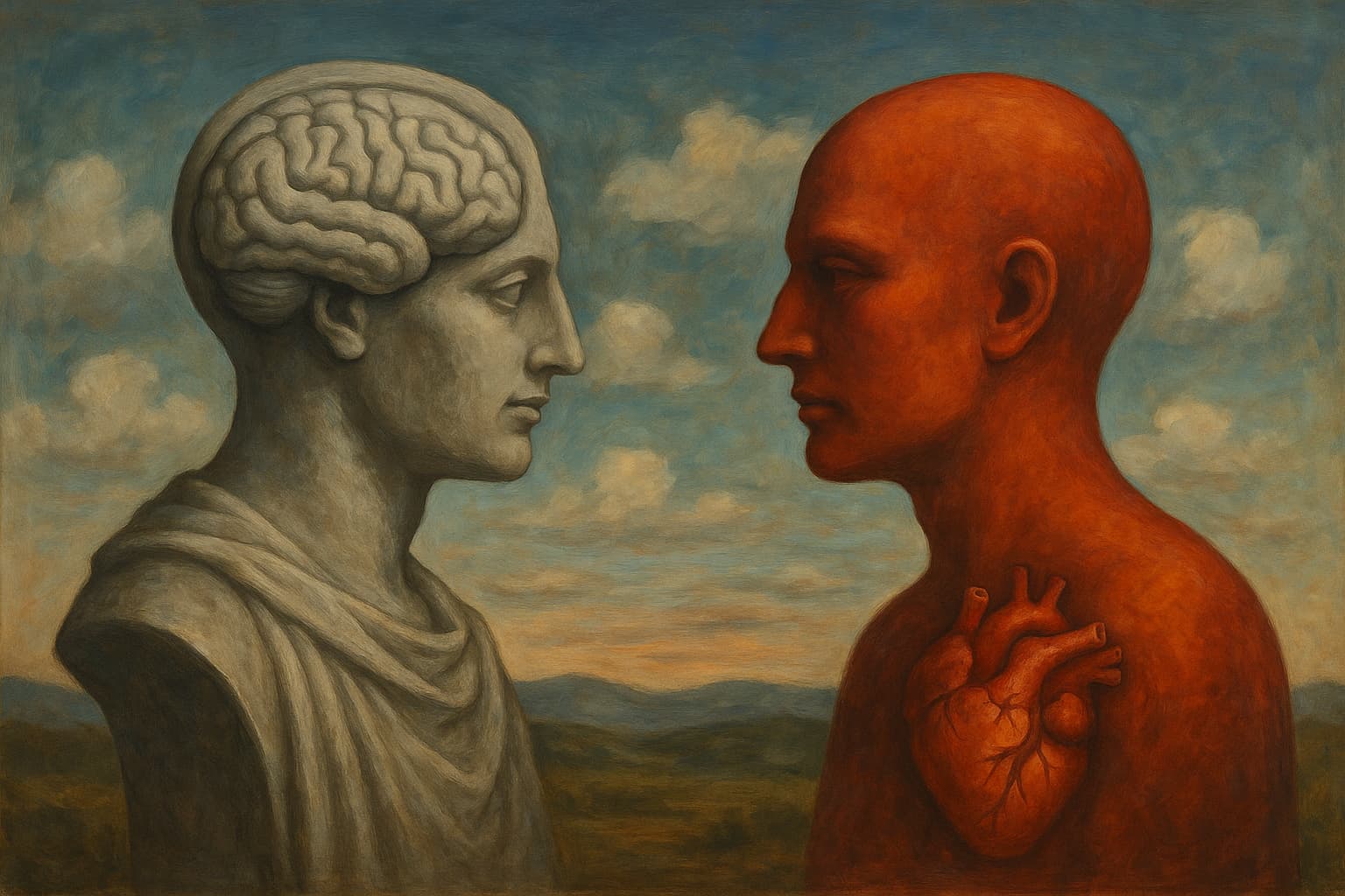 Arte visual realista surrealista sobre emoção e razão